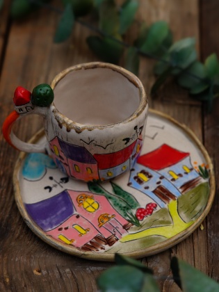 El Yapımı Tasarım Seramik Mug Seti Gökkuşağı