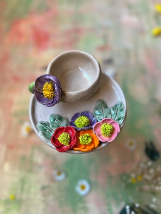 El Yapımı Tasarım Seramik Renkli Çiçekli Türk Kahvesi Seti