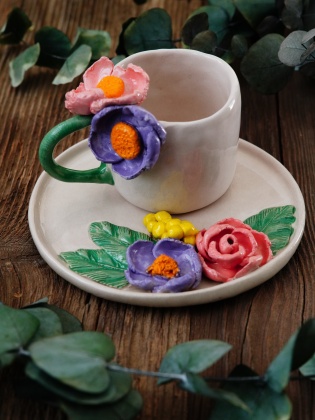 El Yapımı Tasarım Seramik Mug Set Mor Çiçekli