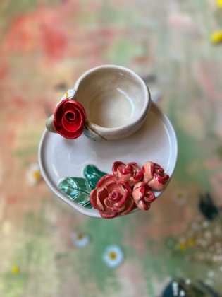 El Yapımı Seramik Kırmızı Çiçekli Türk Kahvesi Seti