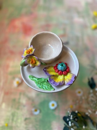 El Yapımı Çiçek Tasarımlı Seramik Türk Kahvesi Seti