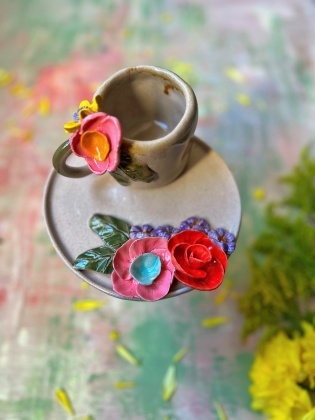 El Yapımı Tasarım Pembe Çiçekli Seramik Kupa Set