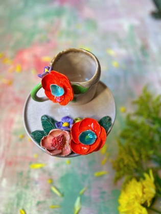 El Yapımı Tasarım Turuncu Çiçekli Seramik Kupa Set