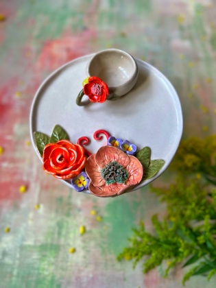 El Yapımı Tasarım Renkli Büyük Çiçekli Seramik Fincan Set