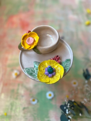 El Yapımı Sarı Çiçekli Tasarım Seramik Türk Kahvesi Seti