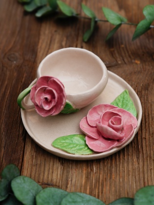 Handmade Pink Flower Design Ceramic Turkish Cup Set