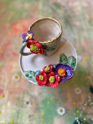 El Yapımı Tasarım Çiçekli Seramik Mug Seti