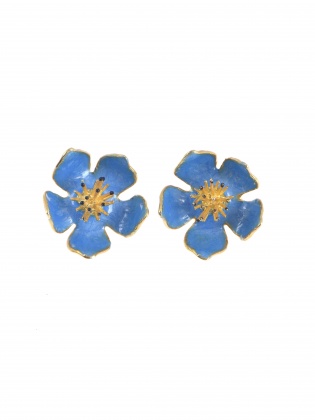 El Yapımı Tasarım Mine İşlemeli Gümüş Küpe Mavi Çiçek