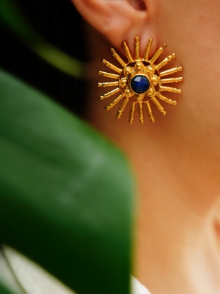 El Yapımı Altın Kaplama Lapis Lazuli Taşlı Pirinç Küpe