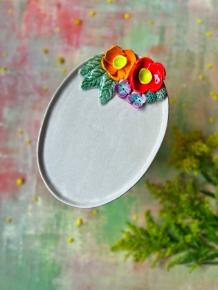 Handmade Design Orange and Red Flower Ceramic Oval Plate