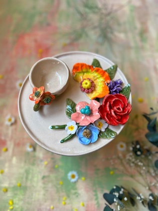 El Yapımı Tasarım Renkli Çoklu Çiçekli Seramik Fincan Set