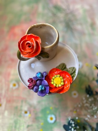 El Yapımı Tasarım Seramik Mug Set Turuncu Çiçekli