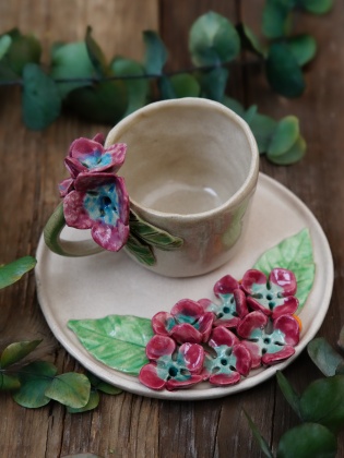 El Yapımı Tasarım Seramik Mug Set Bordo Çiçekli