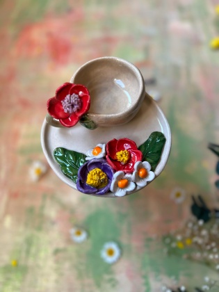 El Yapımı Tasarım Seramik Renkli Çiçekli Türk Kahvesi Seti