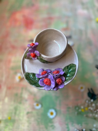 Handmade Design Ceramic Flowered Turkish Coffee Set