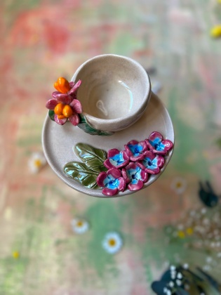 Handmade Design Ceramic Burgundy Flower Turkish Coffee Set