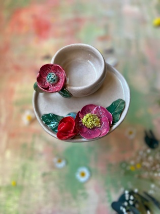 Handmade Design Ceramic Burgundy and Red Flower Turkish Coffee Set