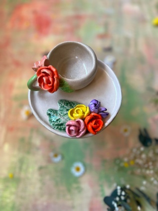 El Yapımı Tasarım Seramik Renkli Çok Çiçekli Türk Kahvesi Seti