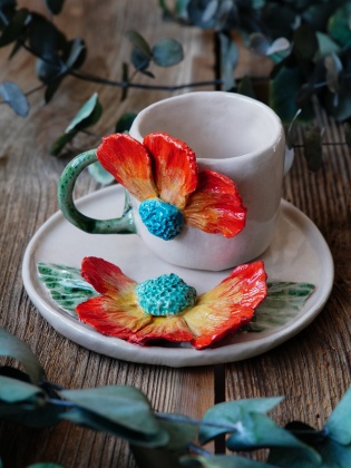 El Yapımı Tasarım Seramik Mug Set Turuncu Büyük Çiçekli