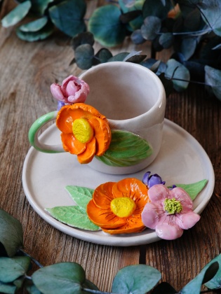 El Yapımı Tasarım Seramik Mug Set Turuncu ve Pembe Çiçekli