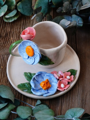 El Yapımı Tasarım Seramik Mug Set Mavi ve Pembe Çiçekli