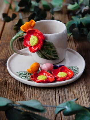 El Yapımı Tasarım Seramik Mug Set Turuncu Çiçekli