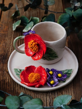 El Yapımı Tasarım Seramik Mug Set Mor ve Turuncu Çiçekli