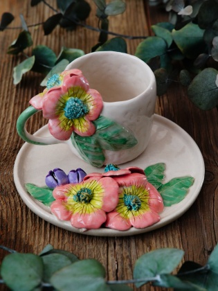 El Yapımı Tasarım Seramik Mug Set Çiçekli