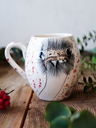 El Yapımı Çini Mug Devekuşu