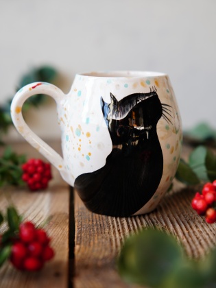 El Yapımı Çini Mug Kara Kedi