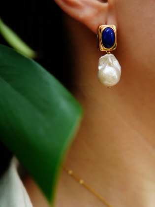 El Yapımı Tasarım Gümüş Küpe Barok İnci ve Lapis Lazuli
