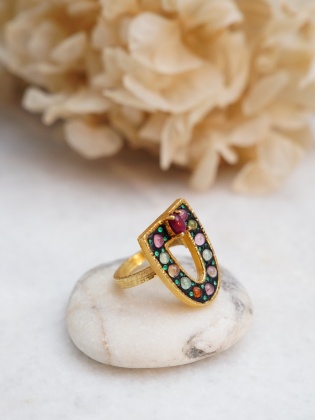 Handmade Design Silver Ring with Tourmaline and Coral Stones