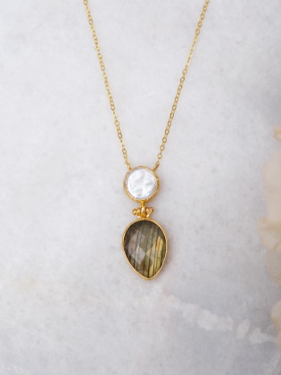 Handmade Gold Plated Brass Necklace with Quartz and Pearl Stones