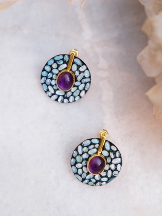 Handmade Design Silver Earrings with Aqua Marine and Amethyst Stones