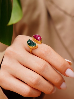 Handmade Design Brass Ring with Ruby and Emerald Stones