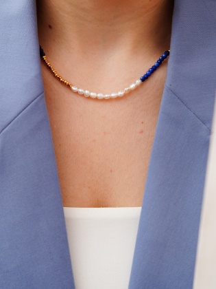 El Yapımı Tasarım Gümüş Kolye Lapis Lazuli ve İncili