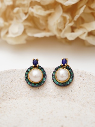 Lapis Lazuli ve İncili Gümüş Küpe