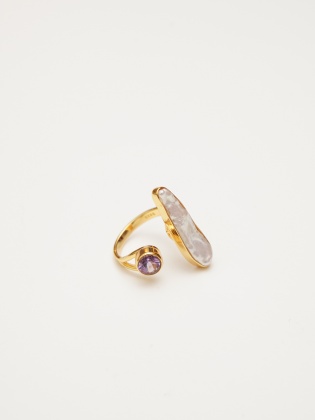 Silver Ring with Baroque Pearl and Amethyst Stone