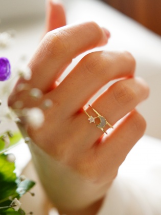 Pearl Stone Silver Ring with Moon and Star Design