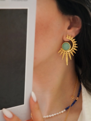 Handmade Design Brass Earrings With Aqua Chalcedony Stone
