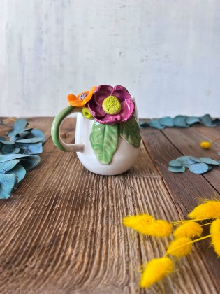 Pembe ve Turuncu Çiçekli Kahve Mug