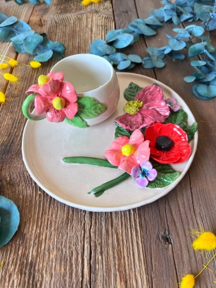 Pembe Çiçekli Buket Kahve Mug Set