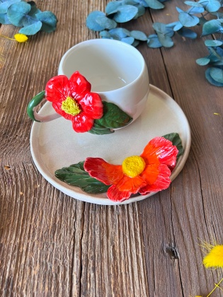 Coffee Mug Set with Red Flowers