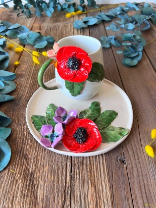 Coffee Mug Set with Poppy Flower