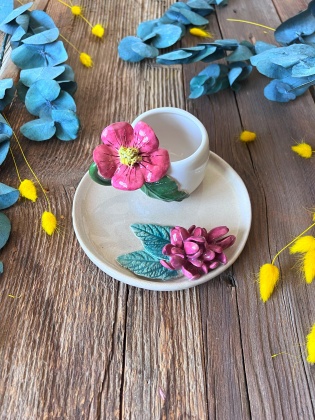 Turkish Coffee Cup Set with Pink Flowers