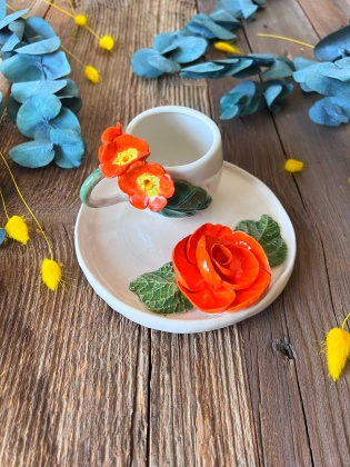 Turkish Coffee Cup Set with Orange Flowers