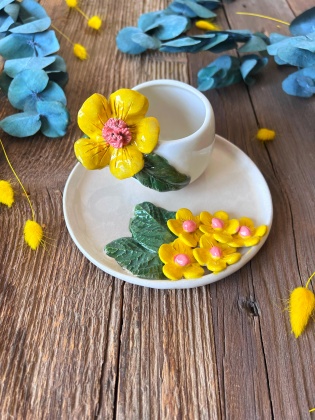 Turkish Coffee Cup with Yellow Flowers