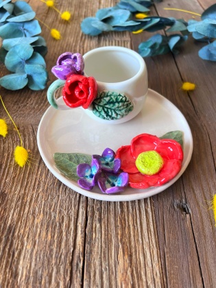 Turkish Coffee Cup Set with Red Purple Flowers