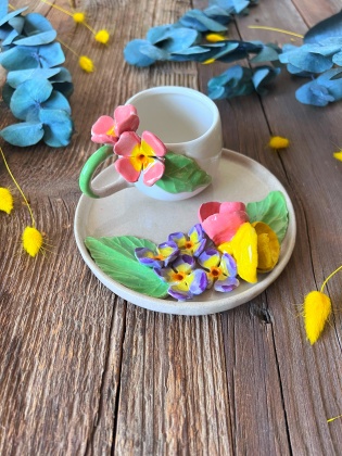 Turkish Coffee Cup Set with Pink Flowers