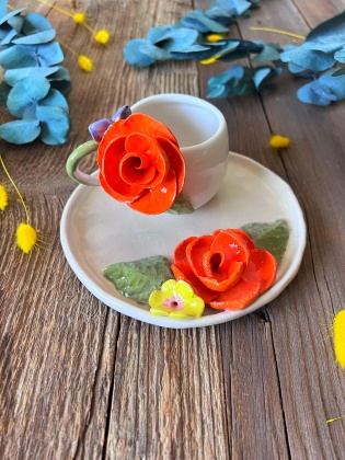 Turkish Coffee Cup Set with Orange Rose